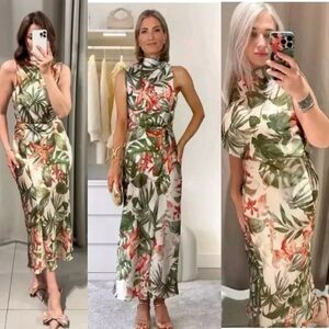 Zara cream green tropical palm leaf sleeveless midi dress XS draped front slit